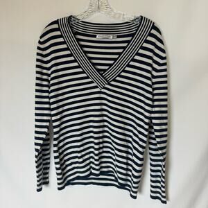 BLUHMOD Women Blue and White Striped V-Neck Sweater Size XL
